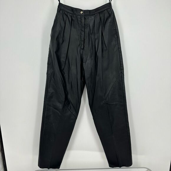 Vintage 90s Womens Pleated Leather Pants Tapered Waist 26” Grunge Minimalist - Picture 2 of 15